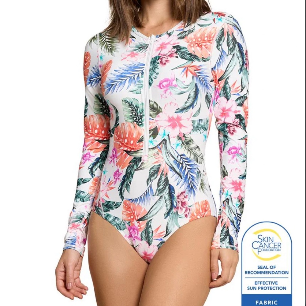 Jantzen Hawaiian Terrace BloqUV Whoopie Zip Front Long Sleeve One Piece Swimsuit